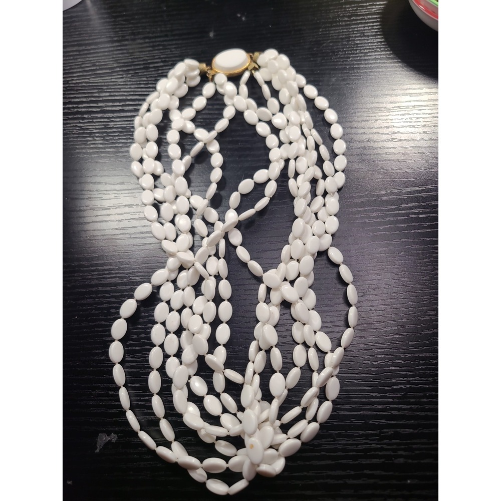 Vintage 7 Strand White Beaded Necklace 24” Statement Gold Tone Clasp Chunky